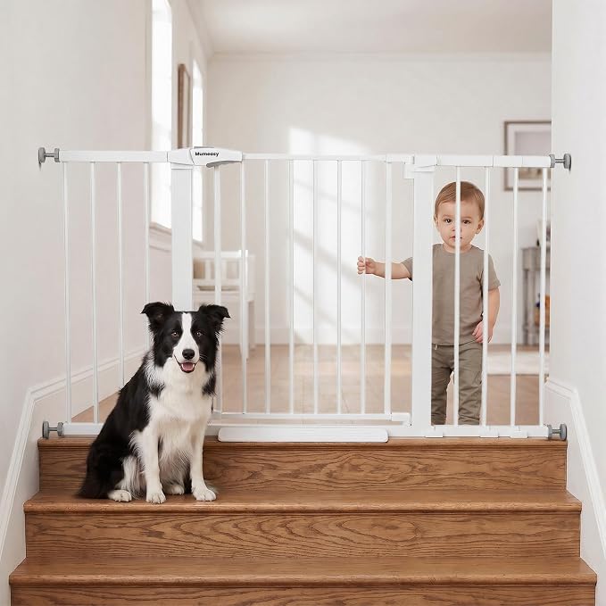 Mumeasy 29.7-54.2" Baby Gate for Stairs, Pressure Mounted Dog Gate for Doorways, Extra Wide Walk Thru Safety Pet Gate for Doors with Auto Close, Easy Install Child Gate for Hallway Indoor House, White