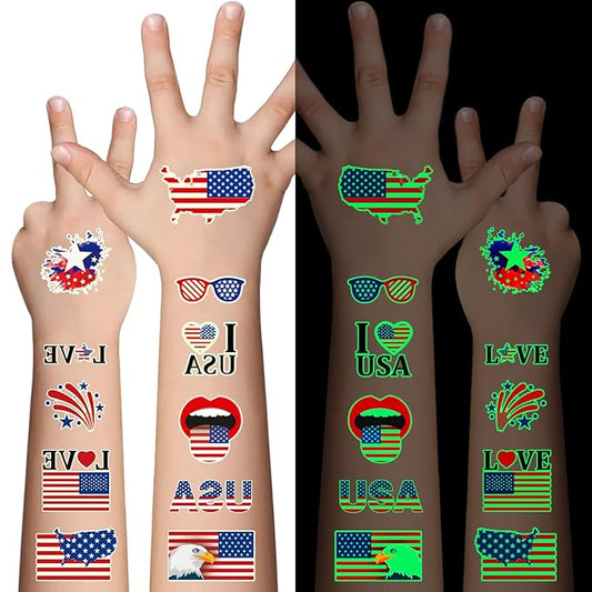 80PCS Luminous 4th of July Temporary Tattoos, American Flag Red White and Blue Decor, Fourth of July, USA Party Favors, Memorial Day, Independence Day,Labor Day Decorations Glow Party Supplies