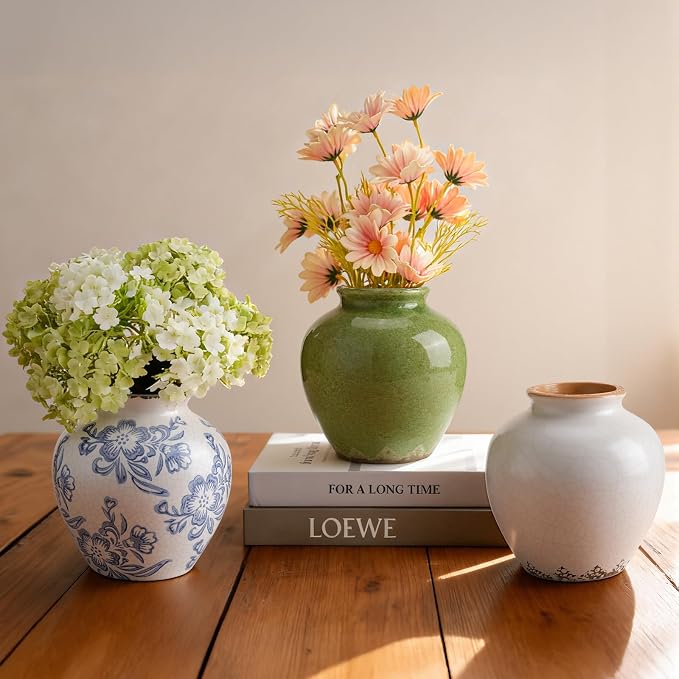 Ceramic Flower Vase Home Decor, 6.2 inch Farmhouse Rustic Vintage Decorative Vases, Pottery Terracotta Boho Flowers Vases for Dining Table, Living Room, Shelf, Kitchen, Bedroom (6.2"-Green)