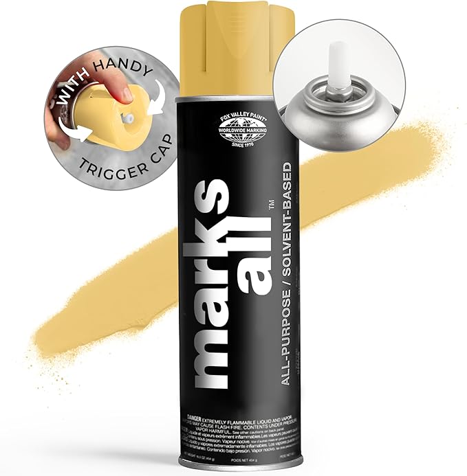 Fox Valley 18oz Marks All Solvent-Based Marking Paint Spray, 12-Pack Yellow APWA – Long-Lasting, Weather-Resistant Spray Paint for Wet or Dry Surfaces Like Metal, Grass, Concrete, Wood, & More