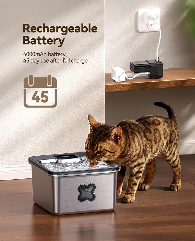 Cat Water Fountain Wireless + 6 Filters: [Visual Filter] & [Heavy-Duty Stainless Steel] FEELNEEDY- Premium, 3.2L/108oz, 4000mAh Battery Operated Pet Fountain with Sensor, for Cats and Dogs