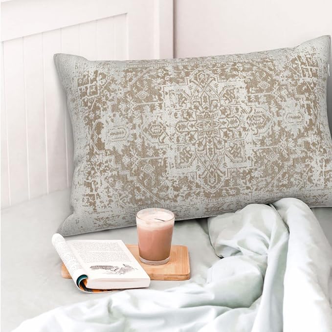 AEIOAE Boho Pillow Covers 12x20 Inch Set of 2,Carpet Pattern Throw Pillows Case,Brown Beige White Ethnic Design Outdoor Decorative Square Linen Farmhouse Decor Cushion Covers for Home Sofa Bed Couch
