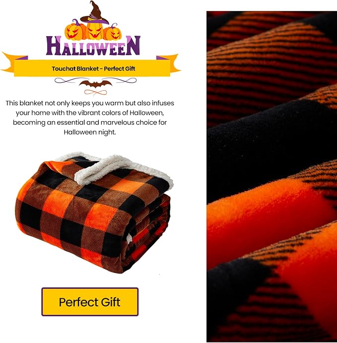 Halloween Blanket Twin Size 60" X 70"，Fall Autumn Harvest Sherpa Fuzzy Fluffy Soft Cozy Blankets, Fleece Flannel Plush Microfiber Throw for Couch Bed Sofa, Halloween Decor (Orange)