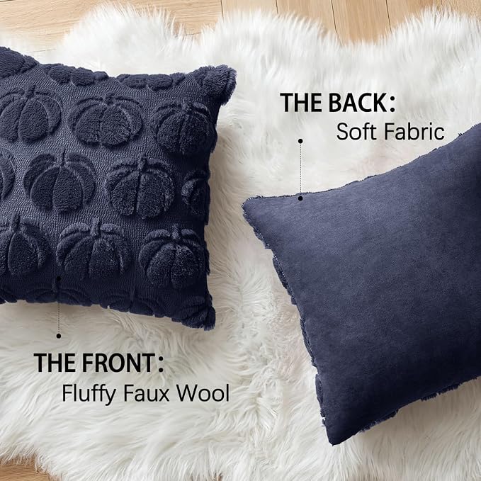 MIULEE Fall Pillow Covers Pumpkin Fall Decor 20x20 Navy Blue | Set of 2 Fall Decorations for Home, Plush Faux Fur Farmhouse Accent Pillowcases, Porch Sofa Couch Cushion Bed Livingroom