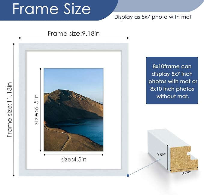 8x10 Picture Frame Set of 6, Wall or Tabletop Display, Blue | Display 5x7 with Mat or 8x10 Without Mat, Horizontal or Vertical, Gallery Wall Frame Set for Wedding & Room & Home Decor