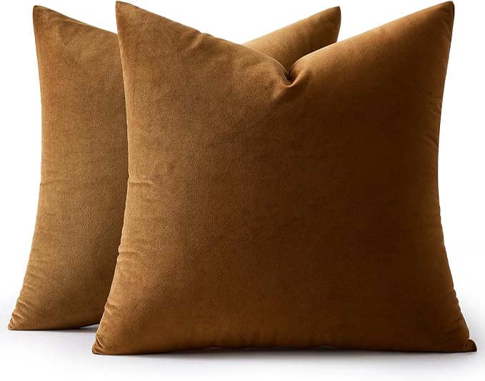 MIULEE Velvet Throw Pillow Covers 18x18 Inch Pack of 2 Golden Brown | Soft Solid Decorative Pillow Covers, Modern Luxury Home Decor, for Couch Chair Sofa Bedroom Livingroom