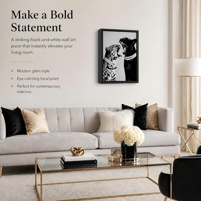 Framed Fashion Leopard Canvas Wall Art Trendy Black White Cheetah Picture Wall Decor Luxury Feminist Poster Print for Girls Bedroom Dorm Bar Cart Home Decoration 12x16in