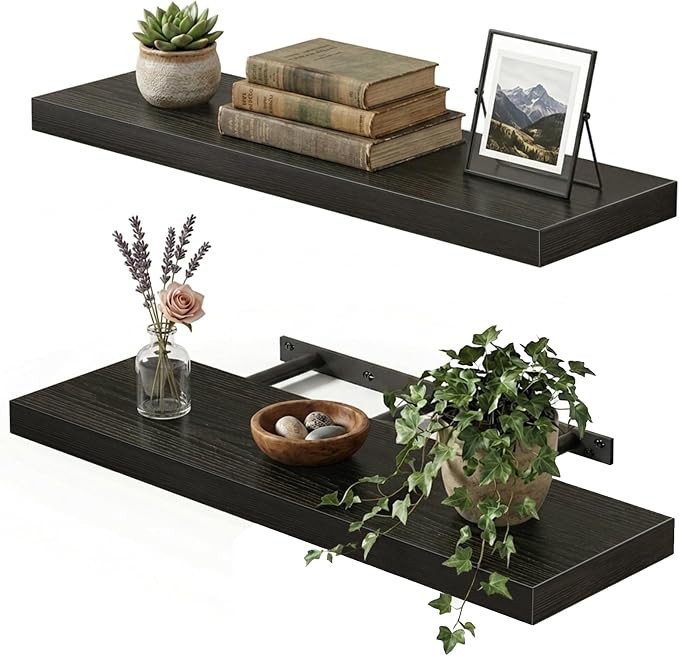 Fixwal Floating Wall Shelves for Decor (Black, Set of 2, 22Inch) | MDF Shelf with Metal Brackets, Space Saving for Books , Decor, Fits Bathroom, Kitchen, Bedroom, or Office