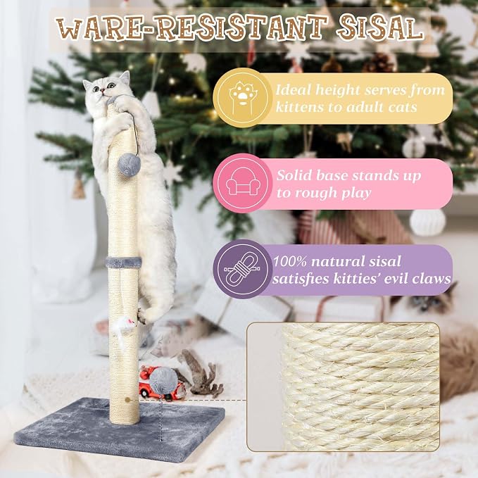 ANWA 32" Tall Sisal Cat Scratching Posts Tree for Indoor Cats Adults, Gray | Sisal Cat Scratcher, Small Space, Cat Post with Dangling Plush Toys for Indoor Cats, 15.7" Stable Base, Cat Furniture