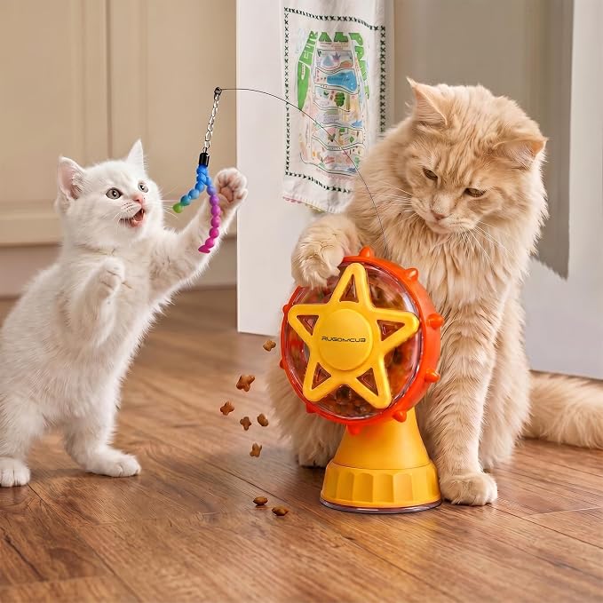 Interactive Cat Toy for Indoor Cats, Ferris Wheel Cat Treat Dispenser Teaser Wand & Suction Cup Base, w/Spoon, Puzzle Feeder Toy for Exercise, Mental Stimulation, Slow Feeding