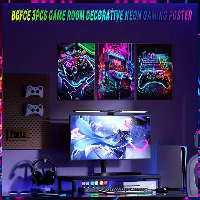 BGFCE Game Room Decor Posters Set of 3 - Neon Gaming Accessories Theme Canvas Wall Art, Gamer Console Paintings Picture Wall Decor for Children Youth Boys Bedroom 16x24 inch Unframed