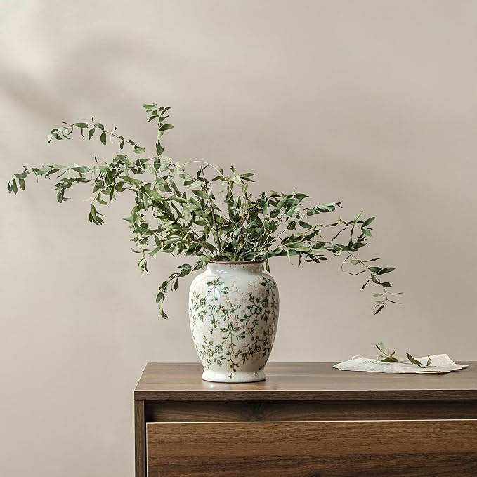 Ceramic Flower Vase for Home Decor, Vintage Green Decorative Vase 8 Inch | Rustic Farmhouse Floral Vase for Wedding Centerpiece, Living Room, Kitchen, Coffee Table, Mantel, Bookshelf, Entryway