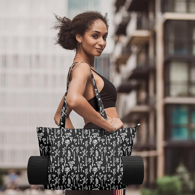 Yoga Bag for Women, Large Canvas Yoga Mat Tote Bag with Yoga Mat Carrier - Large Mat Pocket Fitness Tote for Pilates, Gym, Travel, Office & Beach