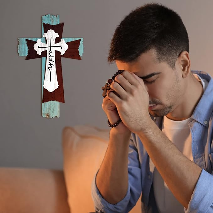Yookeer Large Wooden Christian Wall Cross Religious Decor Art Wood Wall Cross Hanging Rustic Multi Layered Weathered Look Spiritual Sculpture for Church Home Farmhouse Indoor Outdoor