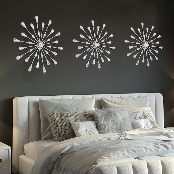 ZEXUIRU 3 Set Silver Starburst Wall Art for Home Decor Metal Bling Crystal Rhinestones Sunburst Wall Decor Sparkling Rhinestone Art Accent Silver - 13in