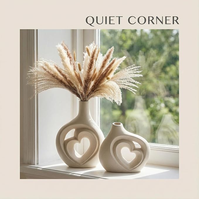 Cream White Ceramic Heart Shaped Vases Set of 2 | 8.5in Nordic Design, For Home Decor, Table Centerpiece, Wedding & Living Room, Bookshelf & Office & Entryway