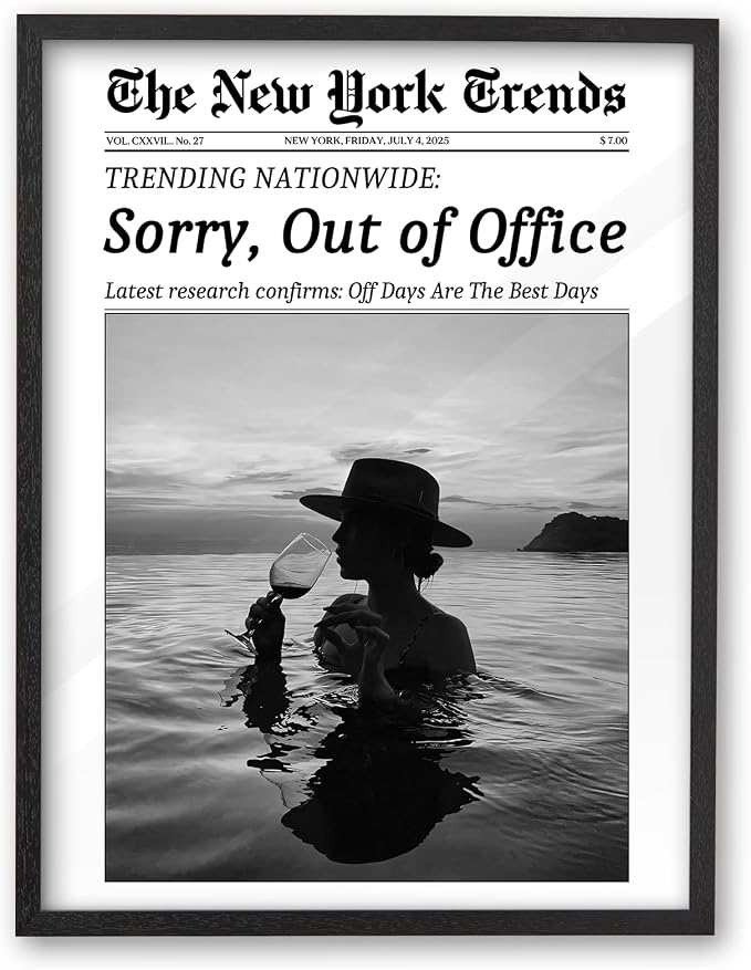 iHery 12x16in Sorry, Out of Office Framed Newspaper Wall Art | Premium Black OAK Wood Frame with Canvas Print, Coastal Vacation Decor for Bedroom, Dorm, Living Room and Bar Cart, 1Pack