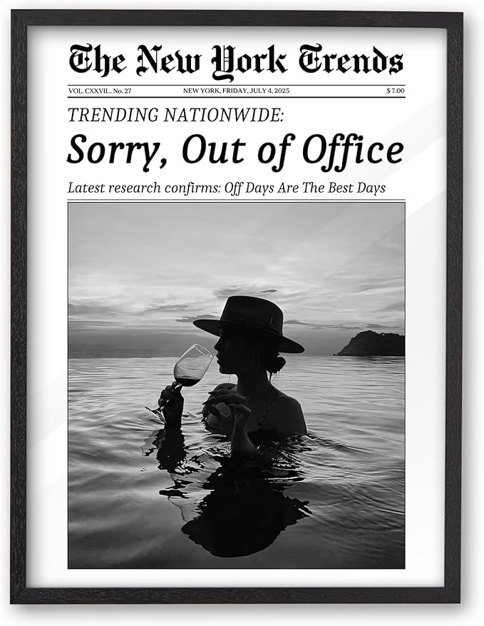 iHery 8x10in Sorry, Out of Office Framed Newspaper Wall Art | Premium Black OAK Wood Frame with Canvas Print, Coastal Vacation Decor for Bedroom, Dorm, Living Room and Bar Cart, 1Pack