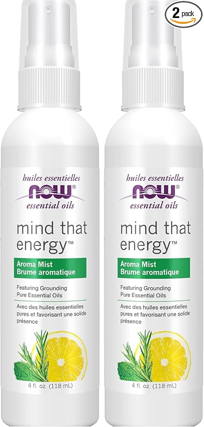 Now Essential Oils Mind that Energy Aroma Mist, 4 Fl. Oz - Peppermint, Lemon, Frankincense, Rosemary, Lavender, Sandalwood - Aromatherapy, Organic, Beige (Pack of 2)