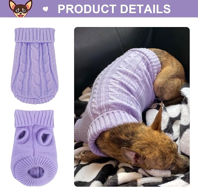 2 Pack Dog Sweaters for Small Dogs, Chihuahua Yorkie Sweater, Puppy Clothes Winter Warm Pullover Clothing, Pet Cat Cold Weather Puppy Cold Outfits Beige+Purple XXS