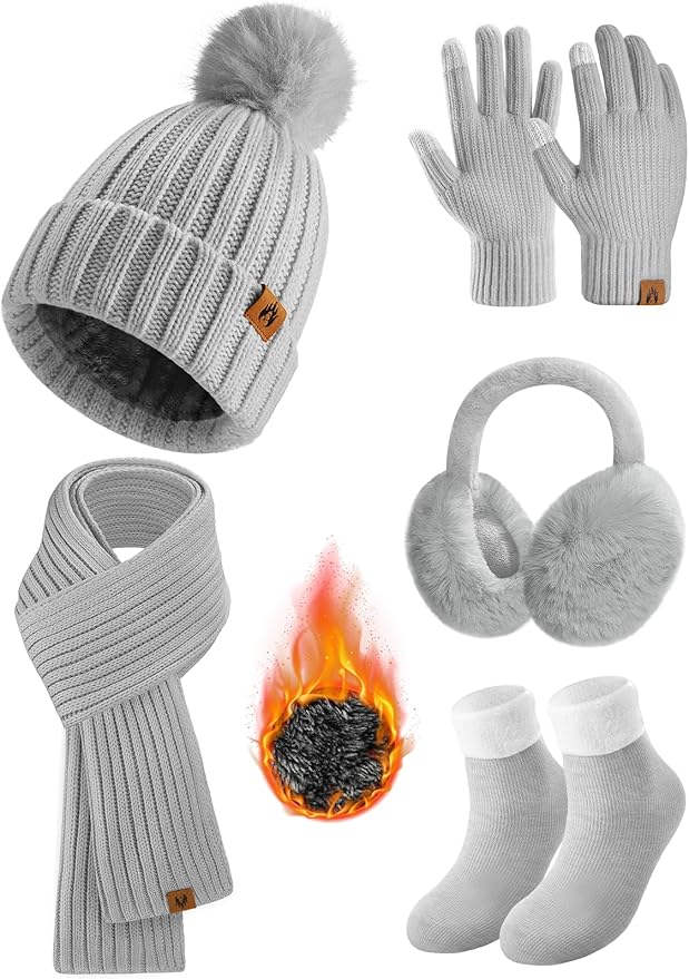 Yusongirl Winter Women Scarf Gloves Beanie Ear Muffs Socks Set Cold Weather Warm Knit Hat Fleece Long Neck Warmer 5 in 1 Set