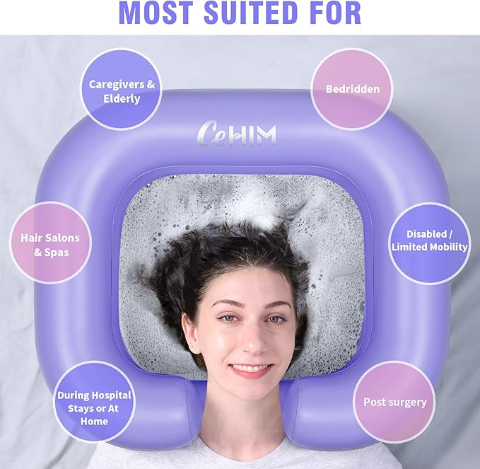 Inflatable Shampoo Basin - Portable Shampoo Bowl, Hair Washing Basin for Bedridden, Disabled,Injured, Hair Wash Tub for Dreadlocks and at Home Sink Washing (Light purple)