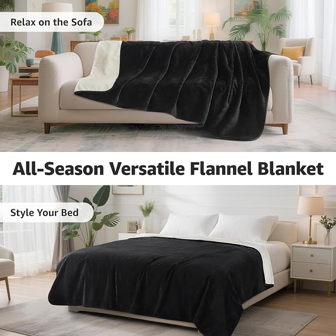LOOBANI Waterproof Blanket for Queen Bed, Reversible Flannel 80"x90", Black | Waterproof Dog Blankets for Large Dogs, Spill-Proof Couch Cover for Family Movie Nights, Camping, Travel, Noise Free