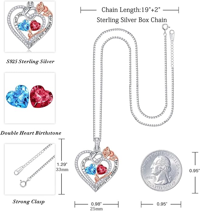 Iefil Valentines Day Gifts for Her Wife - 925 Sterling Silver Double Birthstone Necklace, Anniversary Birthday Gifts for Women, Jewelry Gift for Wife Girlfriend Mom Her