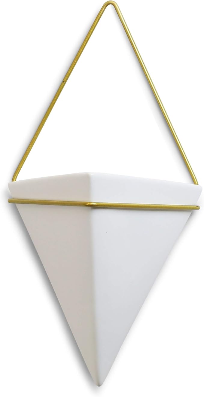 WGV Geometric Ceramic Vase, Width 5.3"x3", Height 5.5", White Hanging Wall Sconce Pot with Gold Metal Air Planter for Wedding Event Office Home Decor, 1 Piece