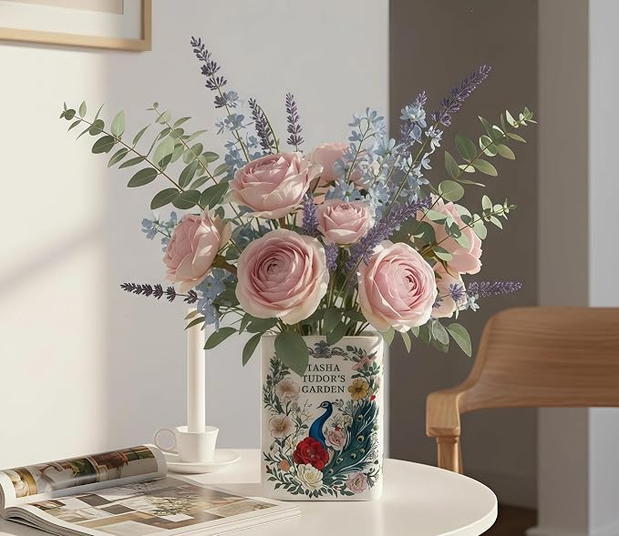 LIFFY Ceramic Vase for Flowers, 6.3 Inch Tall Farmhouse Centerpiece with Double Handles, Rustic Terracotta & Modern Navy White - Home Table Decor (Green-Peacock)