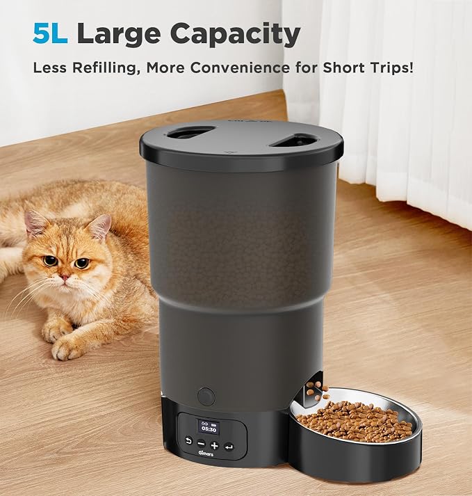 Gimars 5L/20 Cups Automatic Cat Feeder, Programmable 1-6 Meals Cat Food Dispenser with Stainless Steel Bowl, Easy Setup, Dual Power Supply,10s Meal Call Timed Pet Feeder for Cats and Small Dogs
