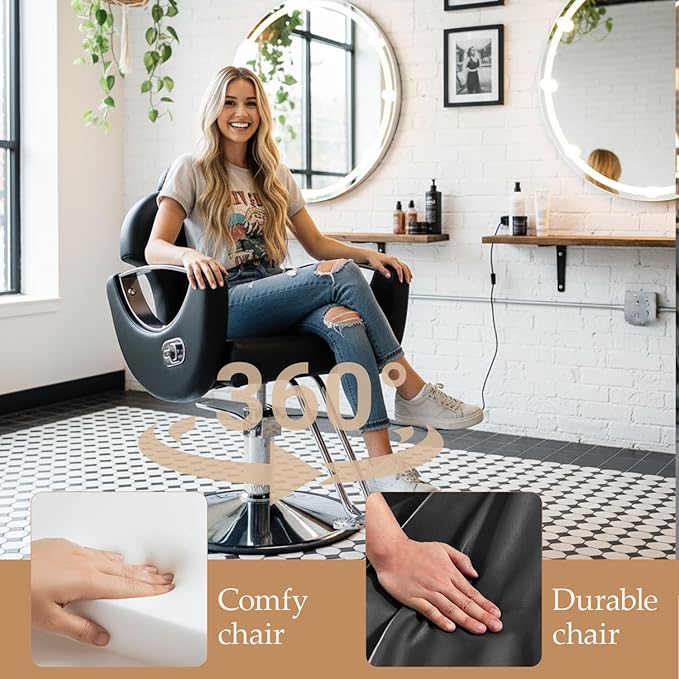 Black Salon Chair for Hair Stylist, Professional Barber Chairs Barbershop Hair Stylist Chair w/Heavy Duty Hydraulic Pump, 360° Braiding Styling Hairdresser Chairs for Spa Home Euipment, Sliver Black