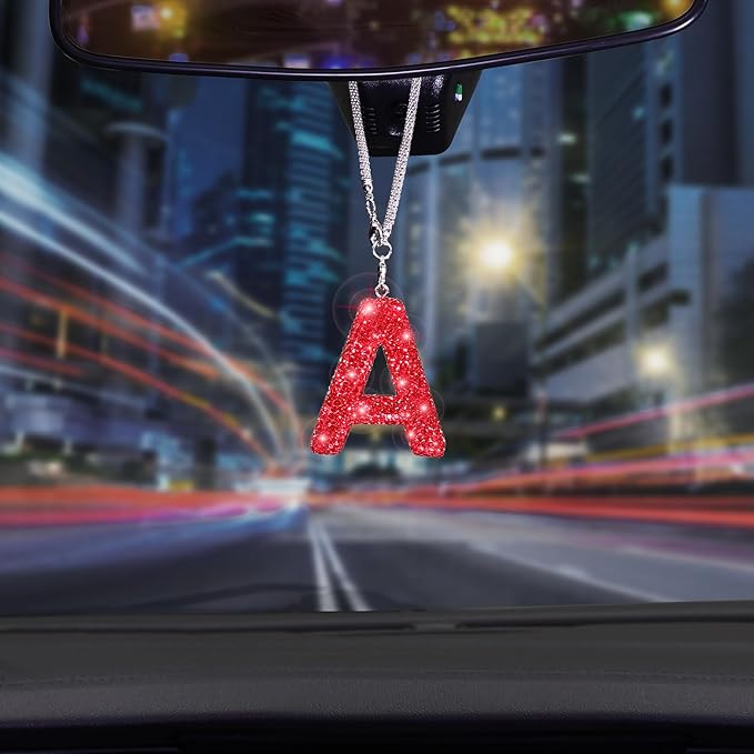 Bling Hanging Car Accessories, Diamond Crystal Rhinestone Mirror Hanging Letter A Pendant, Cute Lucky Red Bling Car Ornament for Women (Red,A)