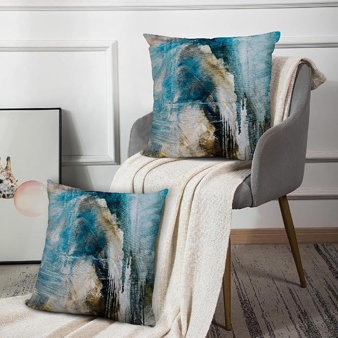 Teal Abstract Art Artwork Pillow Cover, Gallery Modern Decorative Throw Pillows Cushion Cover for Bedroom Sofa Living Room 18 x 18 Inch Set of 2