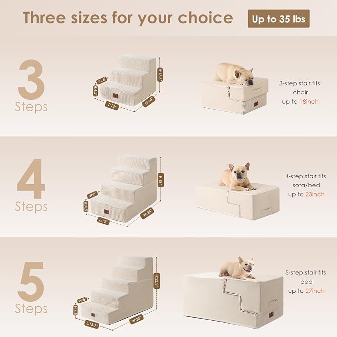 EHEYCIGA Dog Stairs for High Bed 22.5" H, 5-Step Dog Steps, Beige | Pet Steps for Small Dogs and Cats for Bed, Non-Slip Balanced Pet Ramp Indoor
