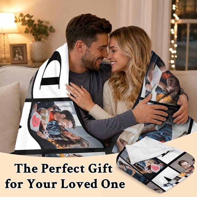 Fathers Day Birthday Gift for Dad Custom Blanket with 6 Photo & Text, Personalized Blankets with Picture to My Dad, HD Printing Customized Flannel Throw Blanket Gifts for Best Daddy Grandpa Ever