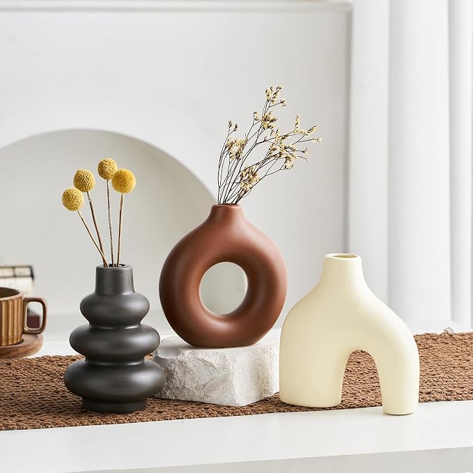 Boho Ceramic Vase Set of 3, Rustic Flower Vases for Pampas Grass | Modern Boho Vase for Decor, Decorative Vases Centerpieces for Wedding Living Room Bedroom Coffee Table Dinner Table