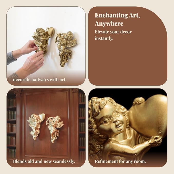 2Pcs Gold Resin Winged Angel Wall Sculptures Wall Hanging Adornment Cherub Cupid 5.3 inch Tall Adorable Angelic Figure Angel Figurines Crafts Vintage Ornament for Wedding Decor