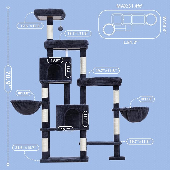 Hey-brother Cat Tree Tower with Stable Extended Base, 3 Platforms, MPJ038G | 70.9 Inches Multi-Level Sisal Scratching Posts, Wide Bed, 2 Cozy Condos, 2 Hammocks, Toy Balls for Indoor Cats, Smoky Gray