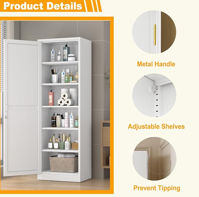 Metal Locker Tall Narrow Storage Cabinet, 67" H Locking Tool File Cabinets Snack Locker Organizer for School Classroom,Bedroom,Gym Home Office,Entryway and Hallway (20" W 1Door White)