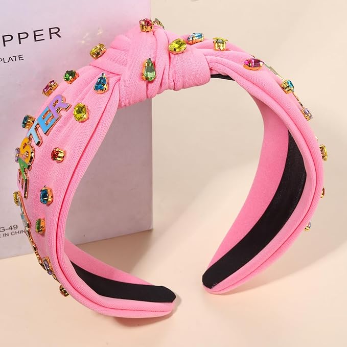 mokkia Easter Headbands Beaded Rabbit Bunny Headband for Women Pink Spring Knotted Headband Easter Hair Accessories Gifts