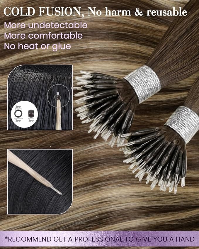 LaaVoo Nano Bead Hair Extensions Human Hair Nano Extensions Balayage Dark Brown to Caramel Brown Nano Hair Extensions Human Hair Ombre Brown Cold Fusion 50s 50g 14 Inch