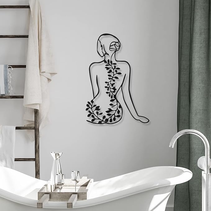 Photect 4 Pieces Metal Wall Art Decor Black Single Line Art Drawing Minimalist Abstract Female Woman Wall Sculptures Hanging Decor Accents for Bathroom Living Room(Modern)