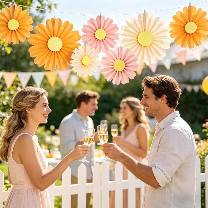 SUNBEAUTY 10 Pcs Daisy Paper Flowers Decorations Pink and Orange Flower Party Decorations Paper Fans Decor Hanging Paper Fans for Birthday Wedding Baby Shower Spring Garden Party Bulletin Board