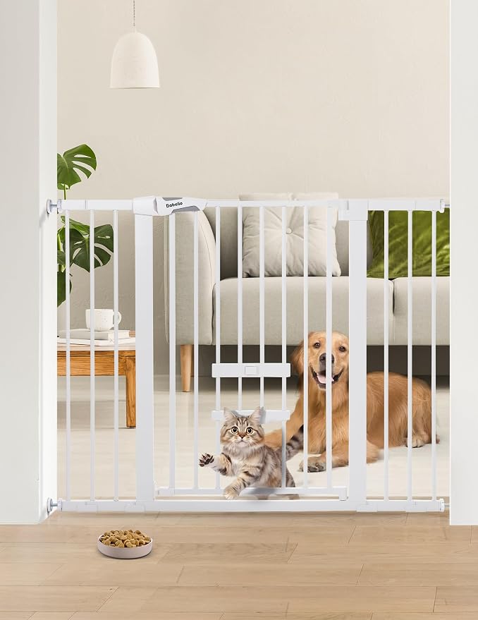 Babelio 36" Tall Baby Gate with Cat Door, CatPrivilege II, 29-48" | Extra Wide Auto-Close Pet Door for Stairs, Doorways & House, 6-Level Adjustable, Wall Cups Included, White