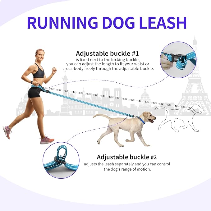 Kazazoo Hands-Free Dog Leash Adjustable Length 5-8 Ft Crossbody &Waist for Dog Walking, Running for Small &Medium Dogs with Reflective Strips, Ballistic Nylon, Waist Belt, Sky Blue