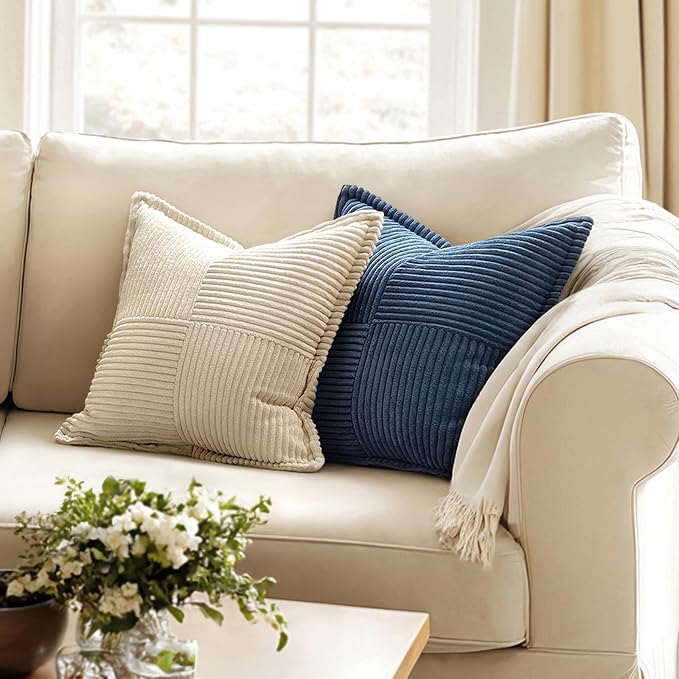 MIULEE Decorative Throw Pillow Covers for Couch 18x18 Inch Blue 2 Pack | Boho Broadside Striped Patchwork Pillow Covers, Soft Corduroy Cushion Cases, For Sofa Bed Livingroom Home Decor