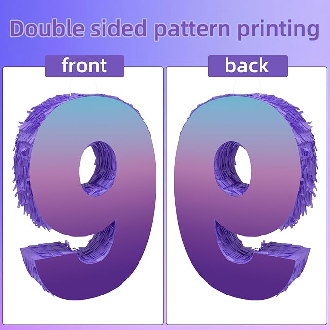 Purple Birthday Party Decorations, Purple Number 9 Pinata with Stick Blindfold Confetti for Girls Boys 9th Birthday Activity Game Gift (15.7 x 11.5 x 3 In)