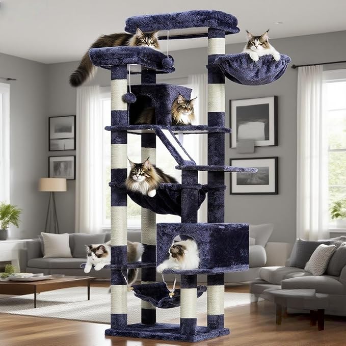 Heybly Cat Tree, 71-Inch-Tall Tower for Indoor Cats with 2 Perches HCT034G | Large Cat Furniture with 2 Big Condos, 2 Hammocks, Basket, Scratching Pad, Multi-Level Cat Condo, Smoky Gray
