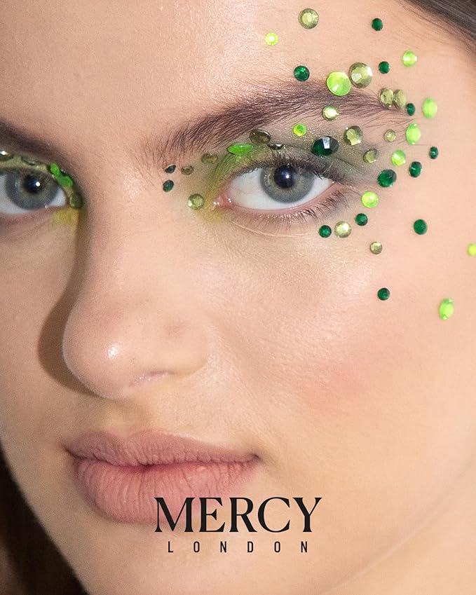 MERCY LONDON Face Gems in Green, 866 Self Adhesive Makeup Face Gem Stickers, 4 Sheets, Poison Ivy Reusable Eye Gems, Wicked DIY Face Gems